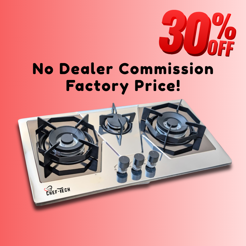 ChefTech Three Burner Stainless Steel Hob With Auto Ignition EPS Burner Type size 28x16