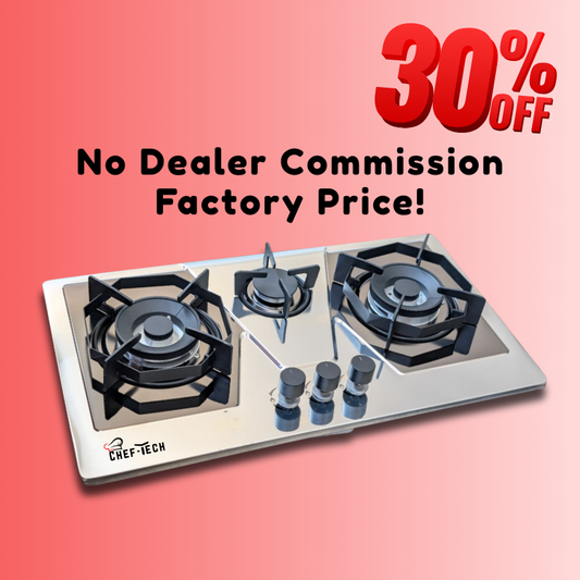 ChefTech Three Burner Stainless Steel Hob With Auto Ignition EPS Burner Type size 28x16